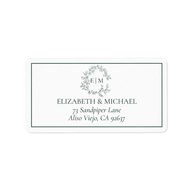 Emerald Green Leafy Crest Monogram Wedding Address Label (Front)