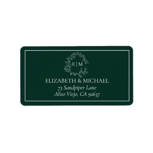Emerald Green Leafy Crest Monogram Wedding Address Label