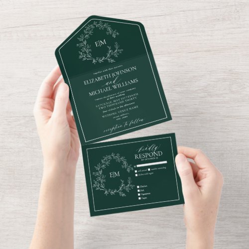 Emerald Green Leafy Crest Monogram Wedding All In One Invitation