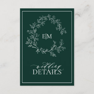 Emerald Green Leafy Crest Monogram Wedding Details Enclosure Card