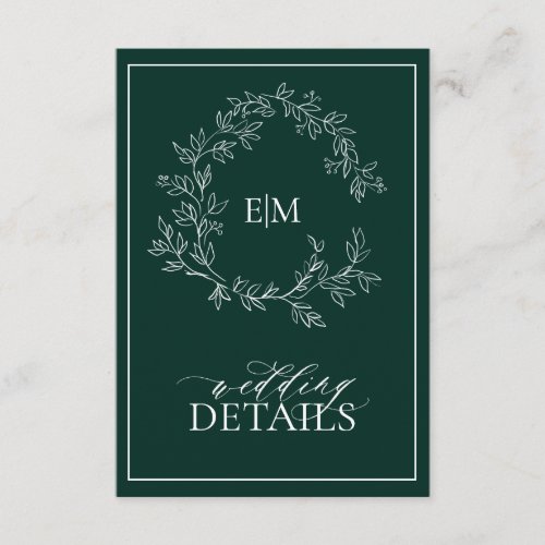 Emerald Green Leafy Crest Monogram Wedding Details Enclosure Card