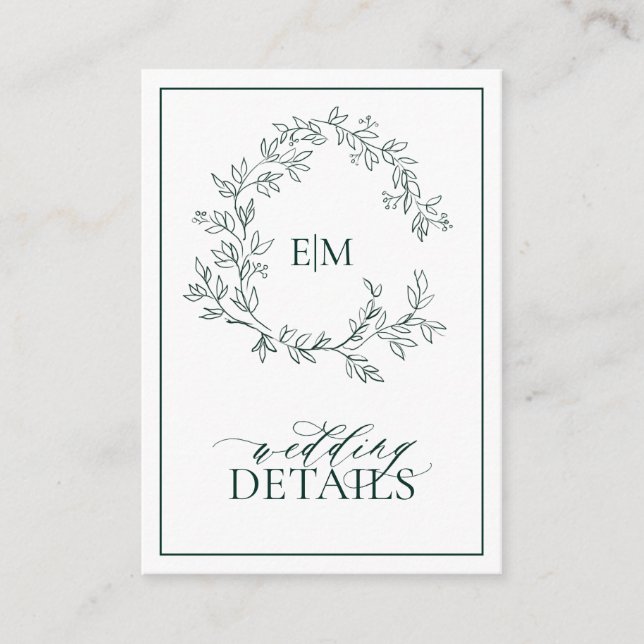 Emerald Green Leafy Crest Monogram Wedding Details Enclosure Card (Front)