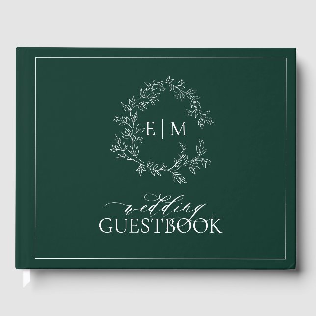 Emerald Green Leafy Crest Monogram Wedding Guest Book (Front)