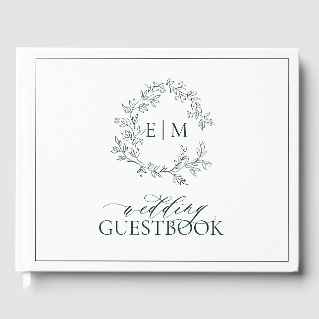 Emerald Green Leafy Crest Monogram Wedding Guest Book (Front)
