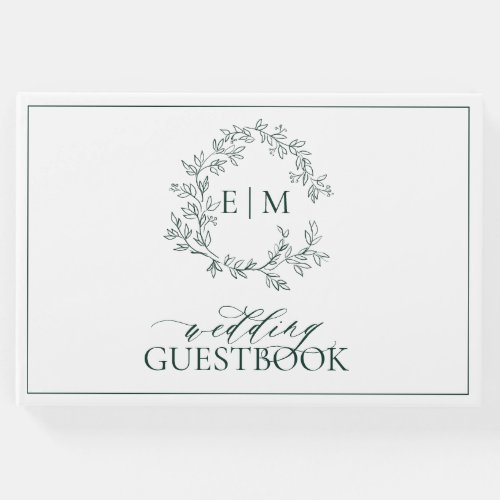 Emerald Green Leafy Crest Monogram Wedding Guest Book