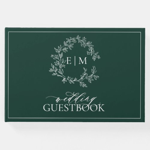 Emerald Green Leafy Crest Monogram Wedding Guest Book