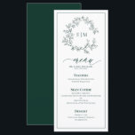 Emerald Green Leafy Crest Monogram Wedding Menu<br><div class="desc">Create the perfect reception setting! We're loving this trendy, modern emerald green 4"x 9" wedding menu! Simple, elegant, and oh-so-pretty, it features a hand drawn leafy wreath encircling a modern wedding monogram. It is personalized in elegant typography, and accented with hand-lettered calligraphy. Finally, it is trimmed in a delicate frame....</div>