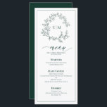 Emerald Green Leafy Crest Monogram Wedding Menu<br><div class="desc">Create the perfect reception setting! We're loving this trendy, modern emerald green 4"x 9" wedding menu! Simple, elegant, and oh-so-pretty, it features a hand drawn leafy wreath encircling a modern wedding monogram. It is personalized in elegant typography, and accented with hand-lettered calligraphy. Finally, it is trimmed in a delicate frame....</div>