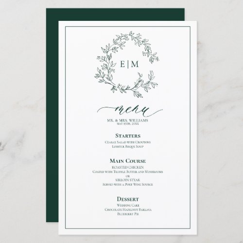 Emerald Green Leafy Crest Monogram Wedding Menu