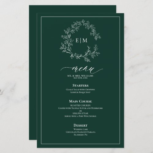 Emerald Green Leafy Crest Monogram Wedding Menu