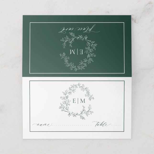 Emerald Green Leafy Crest Monogram Wedding Place Card (Outside Unfolded)