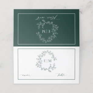 Emerald Green Leafy Crest Monogram Wedding Place Card