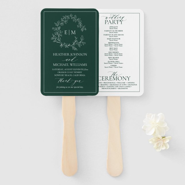 Emerald Green Leafy Crest Monogram Wedding Program Hand Fan (Front and Back)