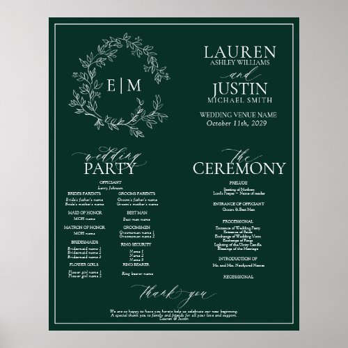 Emerald Green Leafy Crest Monogram Wedding Program Poster