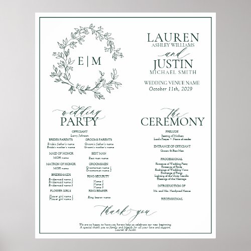 Emerald Green Leafy Crest Monogram Wedding Program Poster