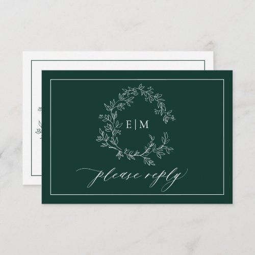 Emerald Green Leafy Crest Monogram Wedding RSVP 