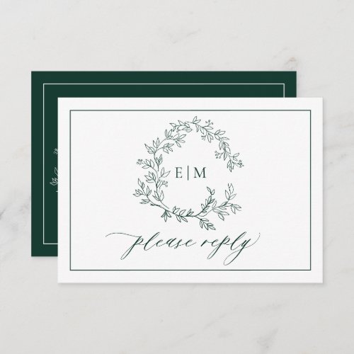 Emerald Green Leafy Crest Monogram Wedding RSVP