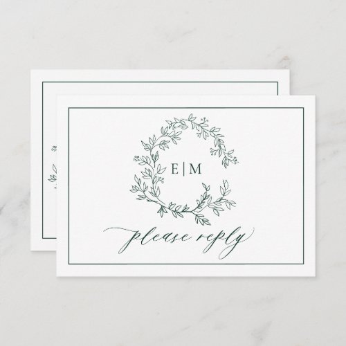 Emerald Green Leafy Crest Monogram Wedding RSVP