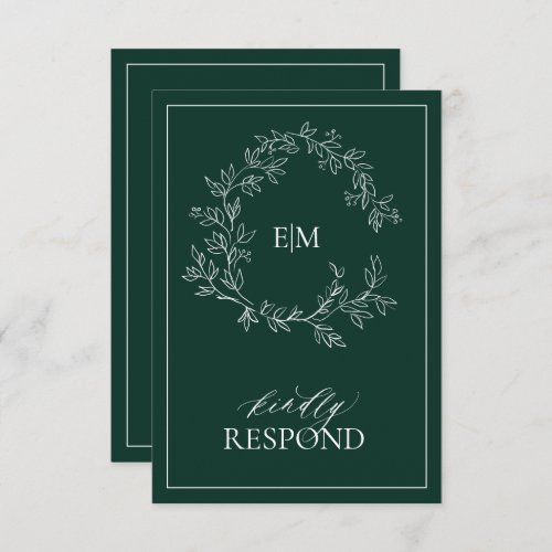 Emerald Green Leafy Crest Monogram Wedding RSVP