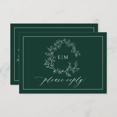 Emerald Green Leafy Crest Monogram Wedding RSVP