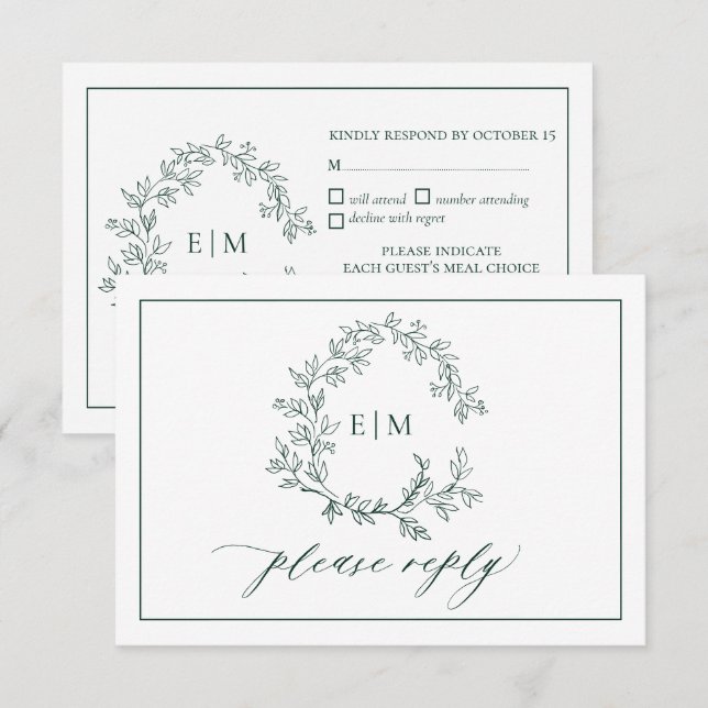 Emerald Green Leafy Crest Monogram Wedding RSVP Card (Front/Back)