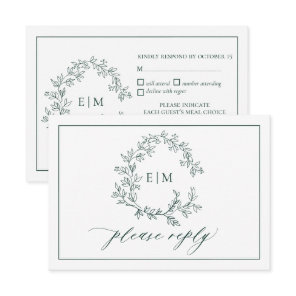 Emerald Green Leafy Crest Monogram Wedding RSVP Card