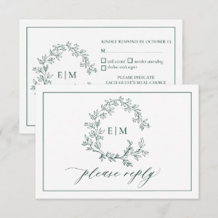 Emerald Green Leafy Crest Monogram Wedding RSVP Card
