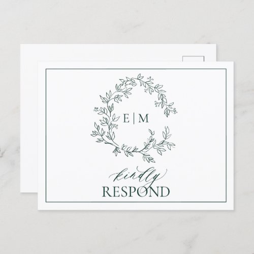 Emerald Green Leafy Crest Monogram Wedding RSVP Invitation Postcard