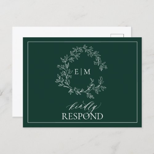 Emerald Green Leafy Crest Monogram Wedding RSVP Invitation Postcard