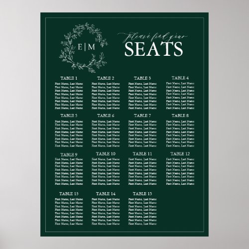 Emerald Green Leafy Crest Monogram Wedding Seating Poster