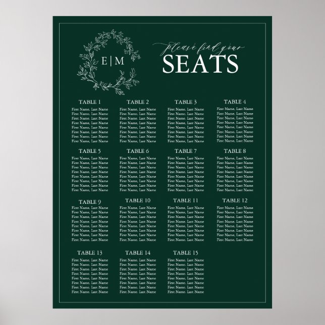 Emerald Green Leafy Crest Monogram Wedding Seating Poster (Front)