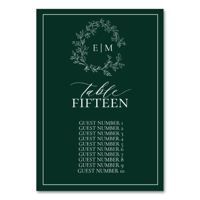 Emerald Green Leafy Crest Monogram Wedding Table Number (Front)