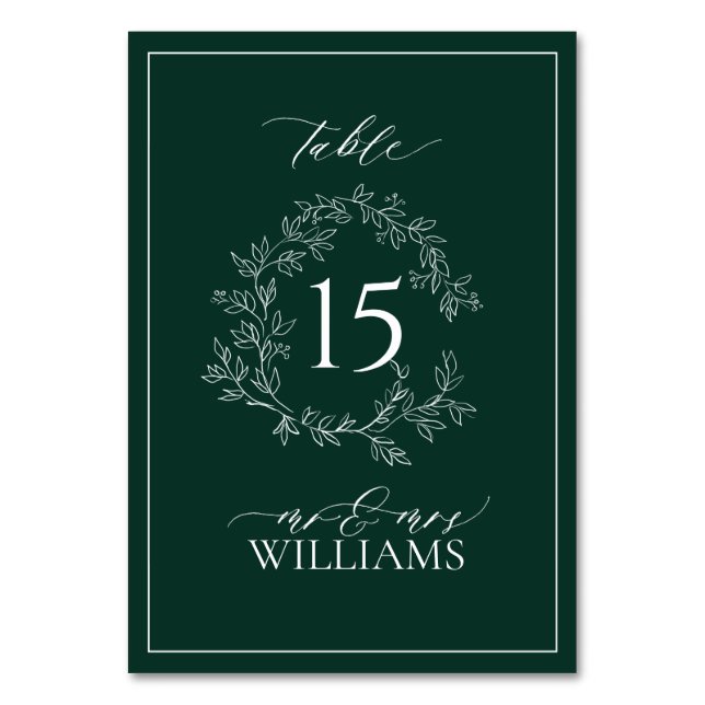 Emerald Green Leafy Crest Monogram Wedding  Table Number (Front)