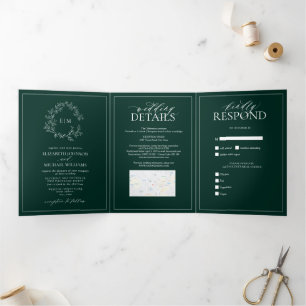 Emerald Green Leafy Crest Monogram Wedding Tri-Fold Invitation