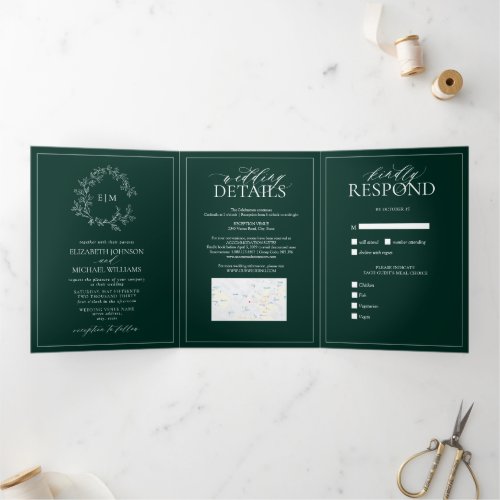 Emerald Green Leafy Crest Monogram Wedding Tri_Fold Invitation