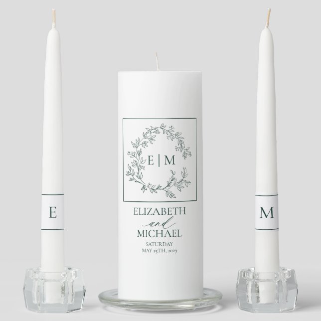 Emerald Green Leafy Crest Monogram Wedding Unity Candle Set (Front)