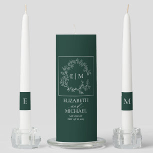 Emerald Green Leafy Crest Monogram Wedding Unity Candle Set
