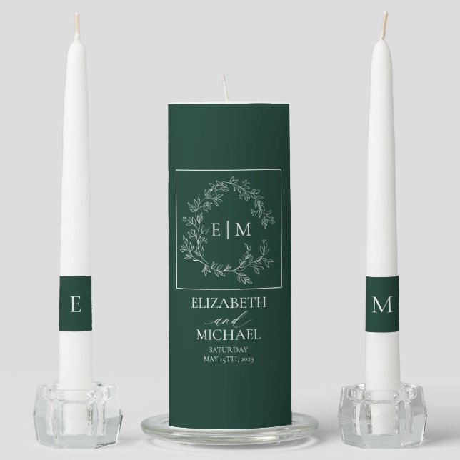 Emerald Green Leafy Crest Monogram Wedding Unity Candle Set (Front)