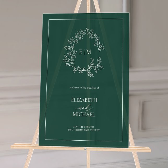 Emerald Green Leafy Crest Monogram Welcome Wedding Acrylic Sign (Wedding Welcome Sign!)