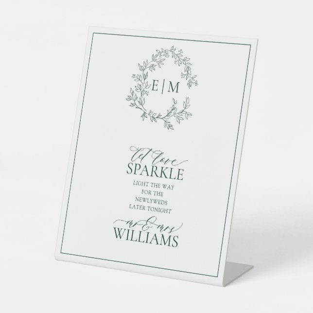 Emerald Green Leafy Monogram Let Love Sparkle Pedestal Sign (Front)