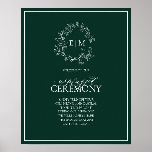 Emerald Green Leafy Monogram Unplugged Wedding Poster