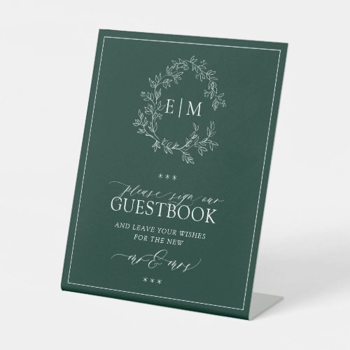 Emerald Green Leafy Monogram Wedding Guestbook Pedestal Sign