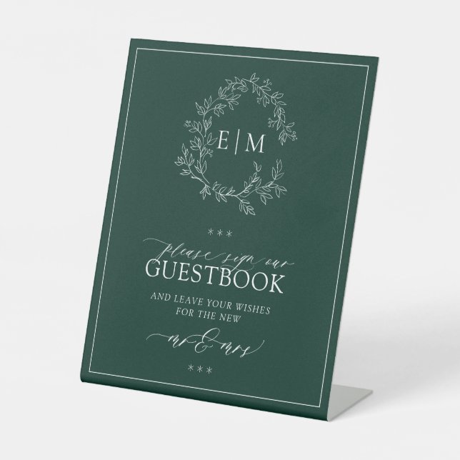 Emerald Green Leafy Monogram Wedding Guestbook Pedestal Sign (Front)
