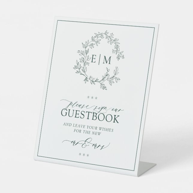 Emerald Green Leafy Monogram Wedding Guestbook Pedestal Sign (Front)