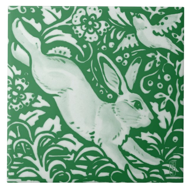 Emerald Green Leaping Rabbit Bunny Floral Garden  Ceramic Tile (Front)