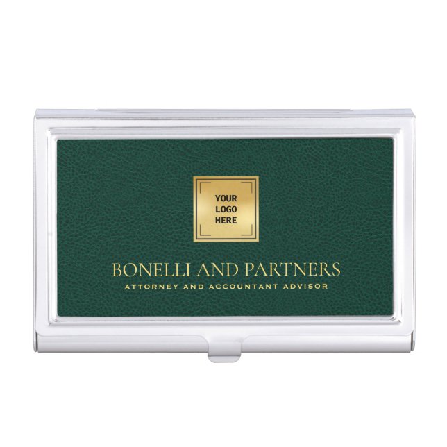 Emerald Green Leather Business Corporate Gold Logo Card Case (Front)