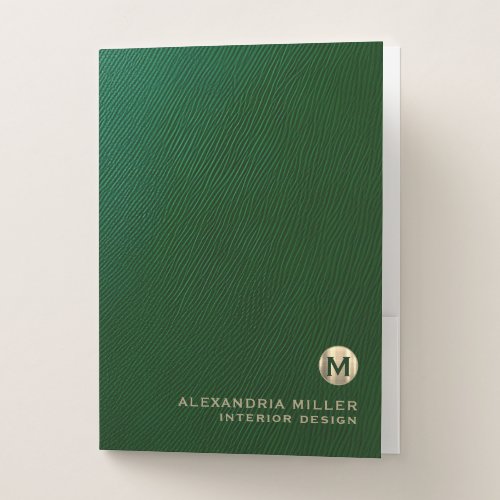 Emerald Green Leather Look Luxury Gold Monogram Pocket Folder