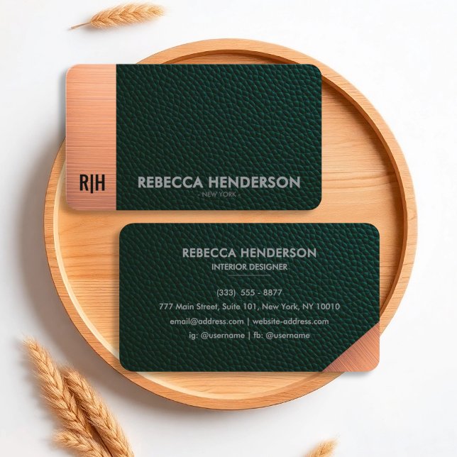 Emerald Green Leather & Rose Gold Business Card (Creator Uploaded)