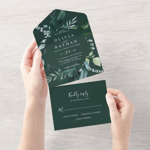Emerald Green Leaves Frame Wedding All In One All In One Invitation