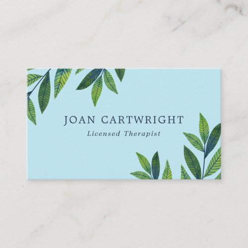 Emerald Green Leaves Light Blue Therapist Business Card
